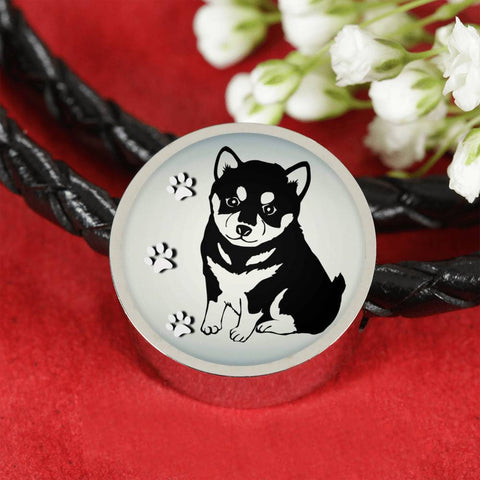 Shiba Inu Dog Print Circle Charm Leather Woven Bracelet-Free Shipping