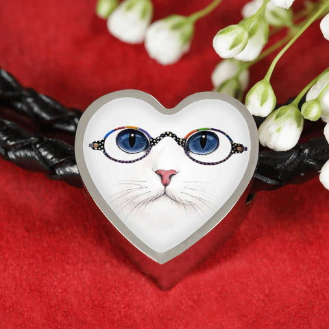 Cute Cat With Glasses Print Heart Charm Leather Bracelet-Free Shipping