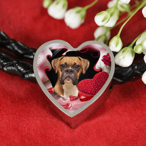 Boxer Dog Print Heart Charm Leather Bracelet-Free Shipping
