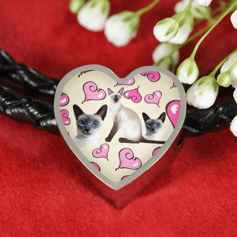 Siamese Cat Print Heart Charm Leather Bracelet-Free Shipping