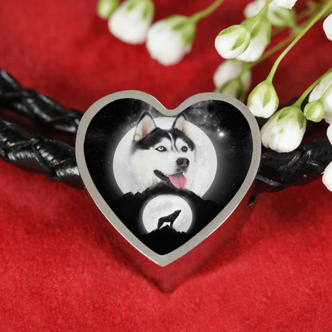 Siberian Husky Dog Print Heart Charm Leather Bracelet-Free Shipping