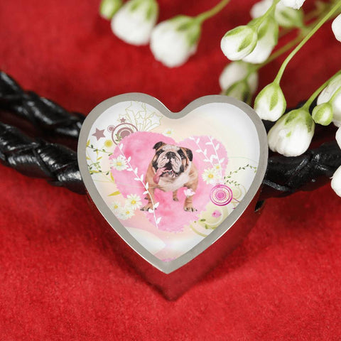 Bulldog Print Heart Charm Leather Bracelet-Free Shipping