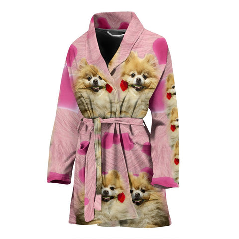 Pomeranian On Pink Print Women's Bath Robe-Free Shipping