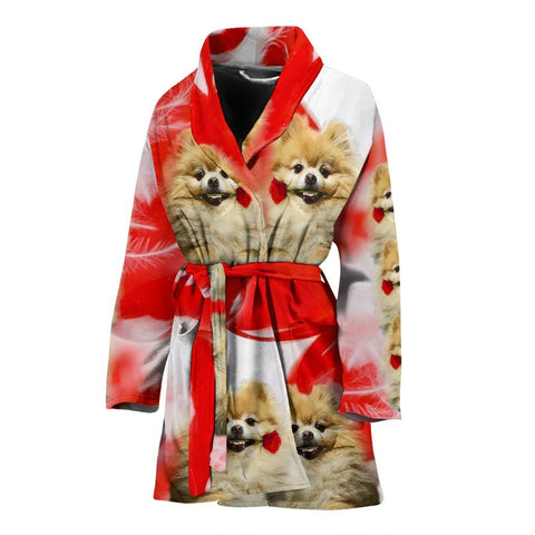 Pomeranian On White Print Women's Bath Robe-Free Shipping