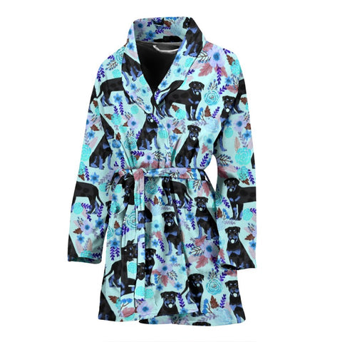 Rottweiler Dog Blue Floral Print Women's Bath Robe-Free Shipping