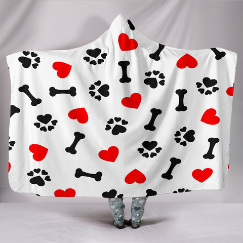 Dog Love Hooded Blanket with Paw Prints, Bones, and Hearts - White