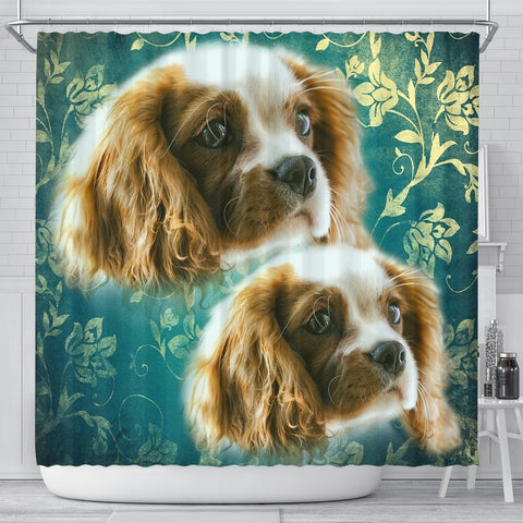 Cavalier King Charles Spaniel On Blue Print Shower Curtains-Free Shipping