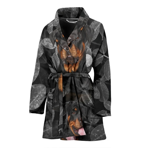 Rottweiler Dog On Black Print Women's Bath Robe-Free Shipping