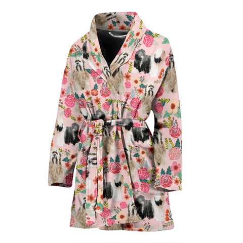 Tibetan Terrier Dog Floral Print Women's Bath Robe-Free Shipping