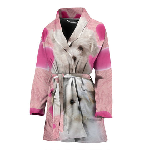 Maltese On Pink Print Women's Bath Robe-Free Shipping