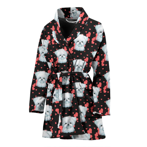 Maltese Dog Heart Pattern Print Women's Bath Robe-Free Shipping