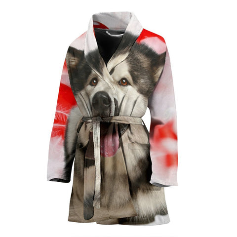 Laughing Alaskan Malamute Print Women's Bath Robe-Free Shipping