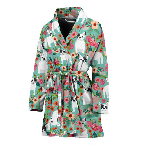 French Bulldog Floral Print Women's Bath Robe-Free Shipping