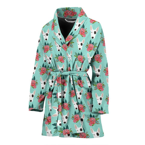 Bull Terrier Dog Floral Print Women's Bath Robe-Free Shipping