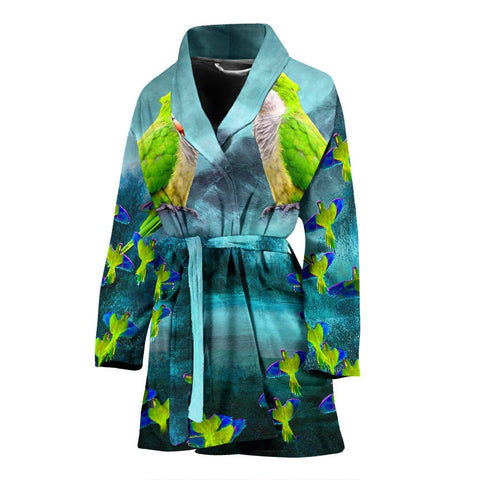 Monk Parakeet Parrot Print Women's Bath Robe-Free Shipping