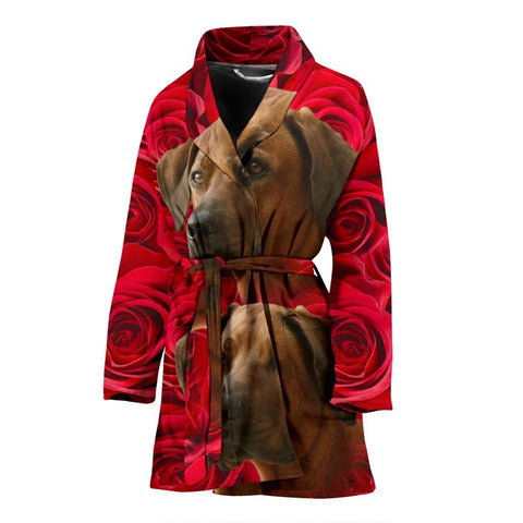 Rhodesian Ridgeback On Rose Print Women's Bath Robe-Free Shipping