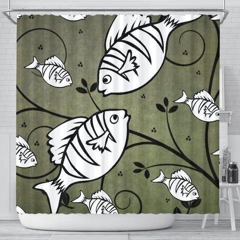 White Fish Print Shower Curtain-Free Shipping