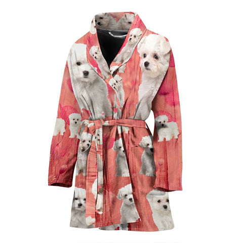 Maltese Dog On Pink Print Women's Bath Robe-Free Shipping