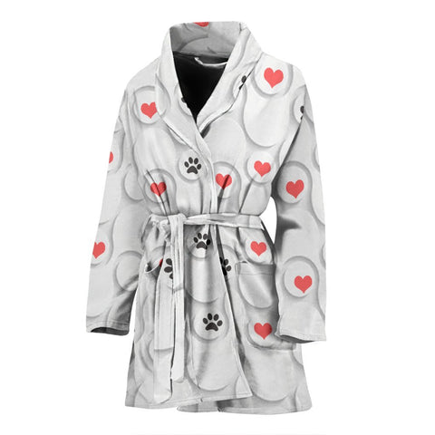 Paw With Heart Print Women's Bath Robe-Free Shipping