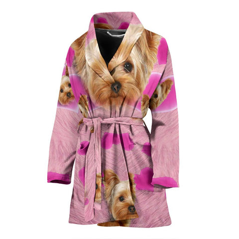 Yorkie On Pink Print Women's Bath Robe-Free Shipping