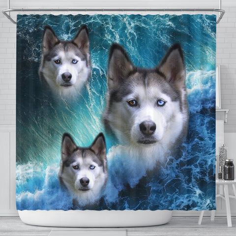 Siberian Husky On Ocean Print Shower Curtains-Free Shipping