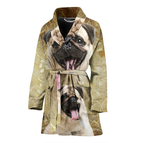 Laughing Pug Print Women's Bath Robe-Free Shipping