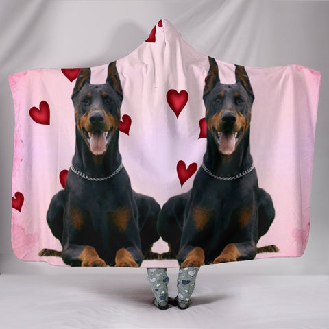 Doberman Pinscher Red Heart Print Hooded Blanket-Free Shipping