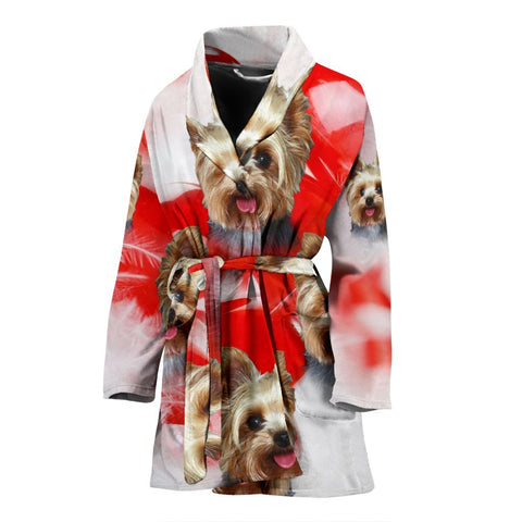 Yorkshire Terrier On Red Print Women's Bath Robe-Free Shipping