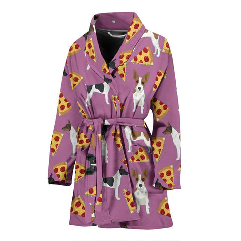 Rat Terrier Dog On Pizza Print Women's Bath Robe-Free Shipping