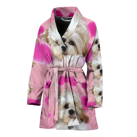 Shih Tzu On Pink Print Women's Bath Robe-Free Shipping