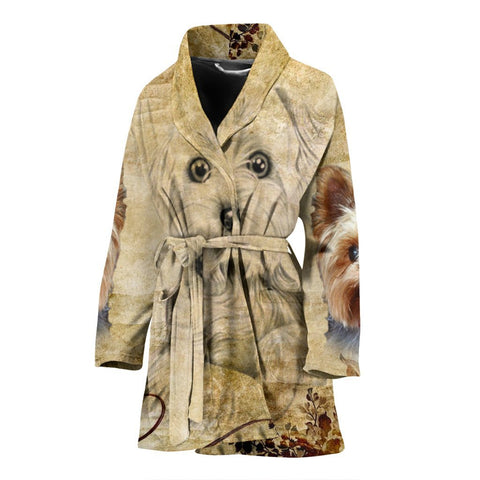 Yorkshire Terrier Print Women's Bath Robe-Free Shipping