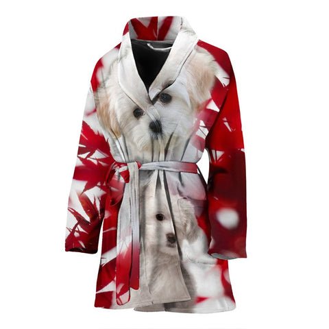 Maltese On Red Print Women's Bath Robe-Free Shipping