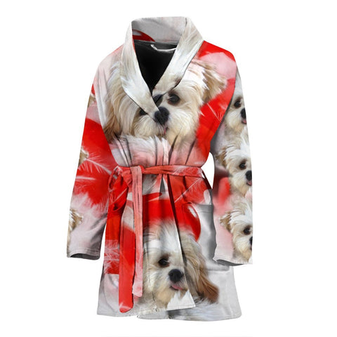 Shih Tzu On White Print Women's Bath Robe-Free Shipping