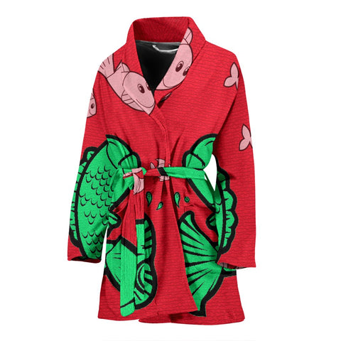 Fish Print On Red Women's Bath Robe-Free Shipping