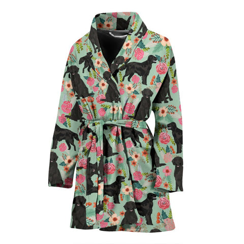 Flat-Coated Retriever Dog Floral Print Women's Bath Robe-Free Shipping