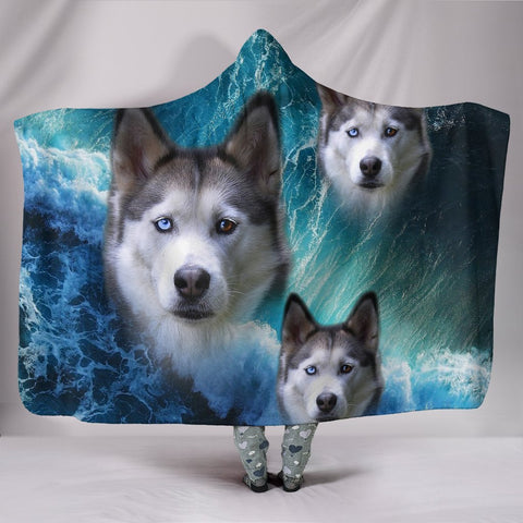 Siberian Husky With Ocean Print Hooded Blanket-Free Shipping