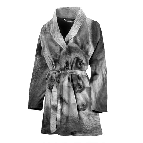 German Shepherd Black N White Print Women's Bath Robe-Free Shipping