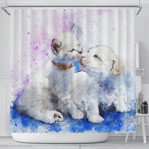 Cute Cat And Dog Love Watercolor Art Print Shower Curtains-Free Shipping