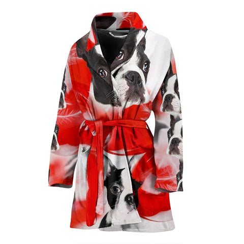 Boston Terrier On White Print Women's Bath Robe-Free Shipping