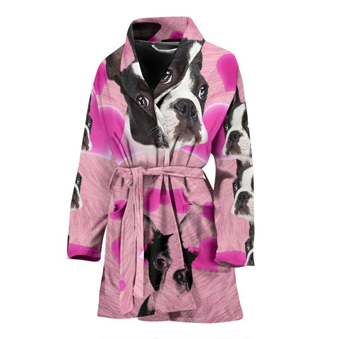 Boston Terrier On Pink Print Women's Bath Robe-Free Shipping