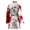 Maltese On Red Print Women's Bath Robe-Free Shipping