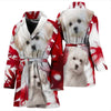 Maltese On Red Print Women's Bath Robe-Free Shipping