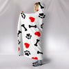 Dog Love Hooded Blanket with Paw Prints, Bones, and Hearts - White